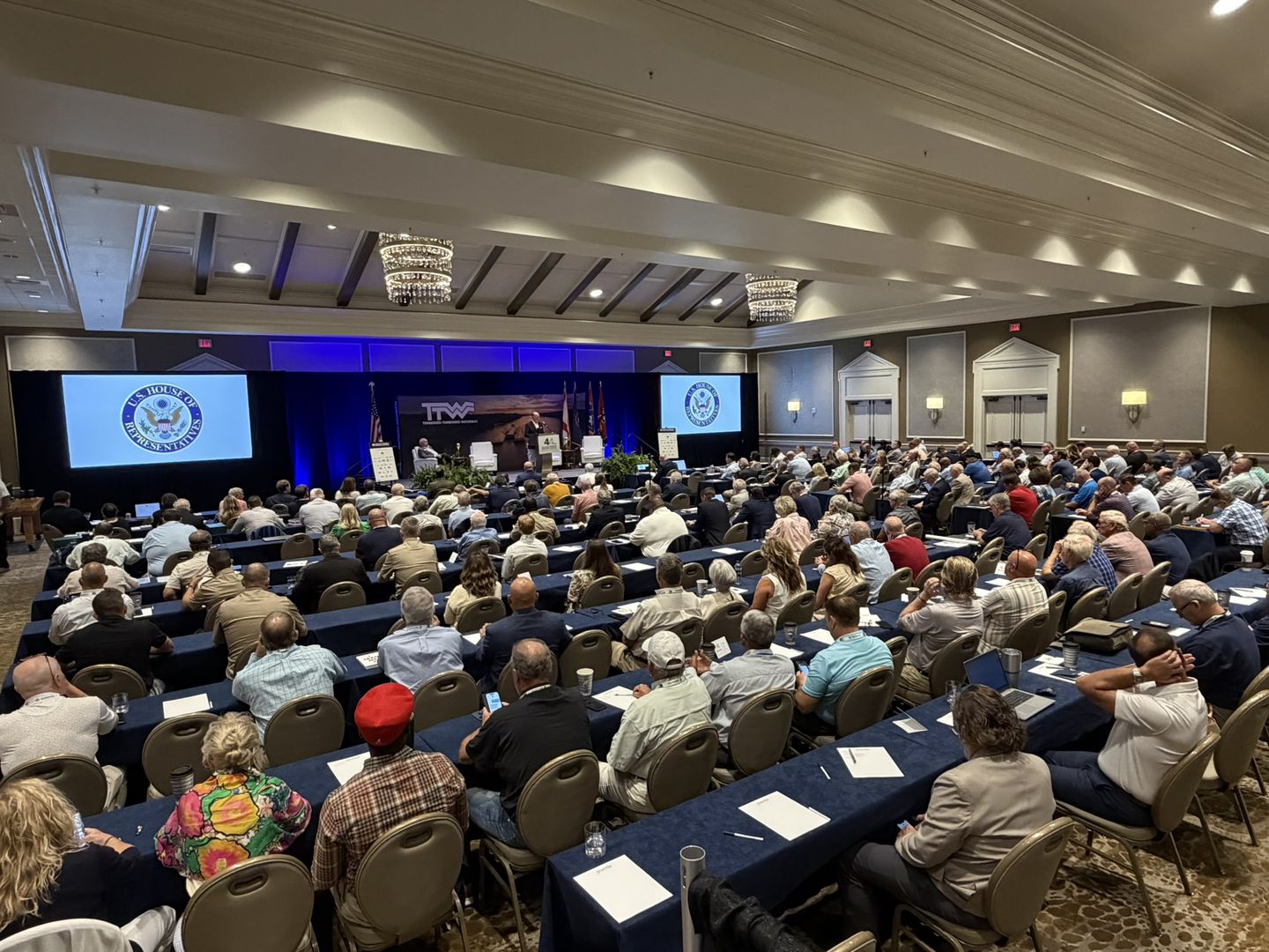 A packed ballroom of attendees facing the stage during a general session at the 2026 Tenn-Tom Conference.