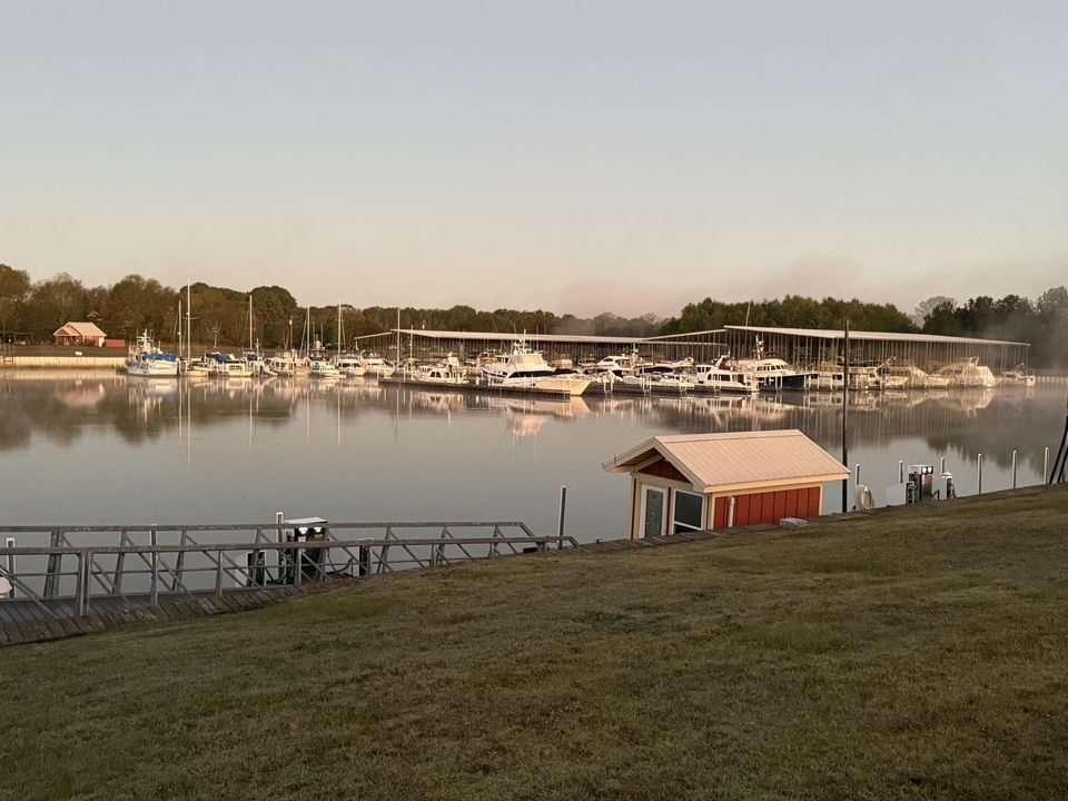 Kingfisher Bay Marina at dawn, boats in the covered slips
