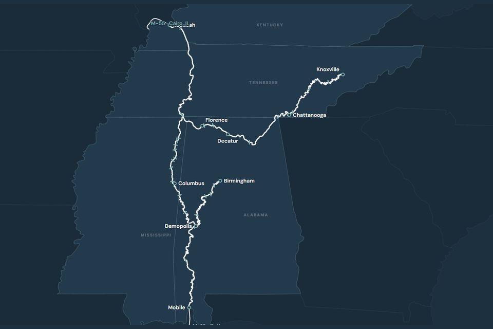 Map of Marine Highway M-65 from Paducah and Knoxville to Mobile