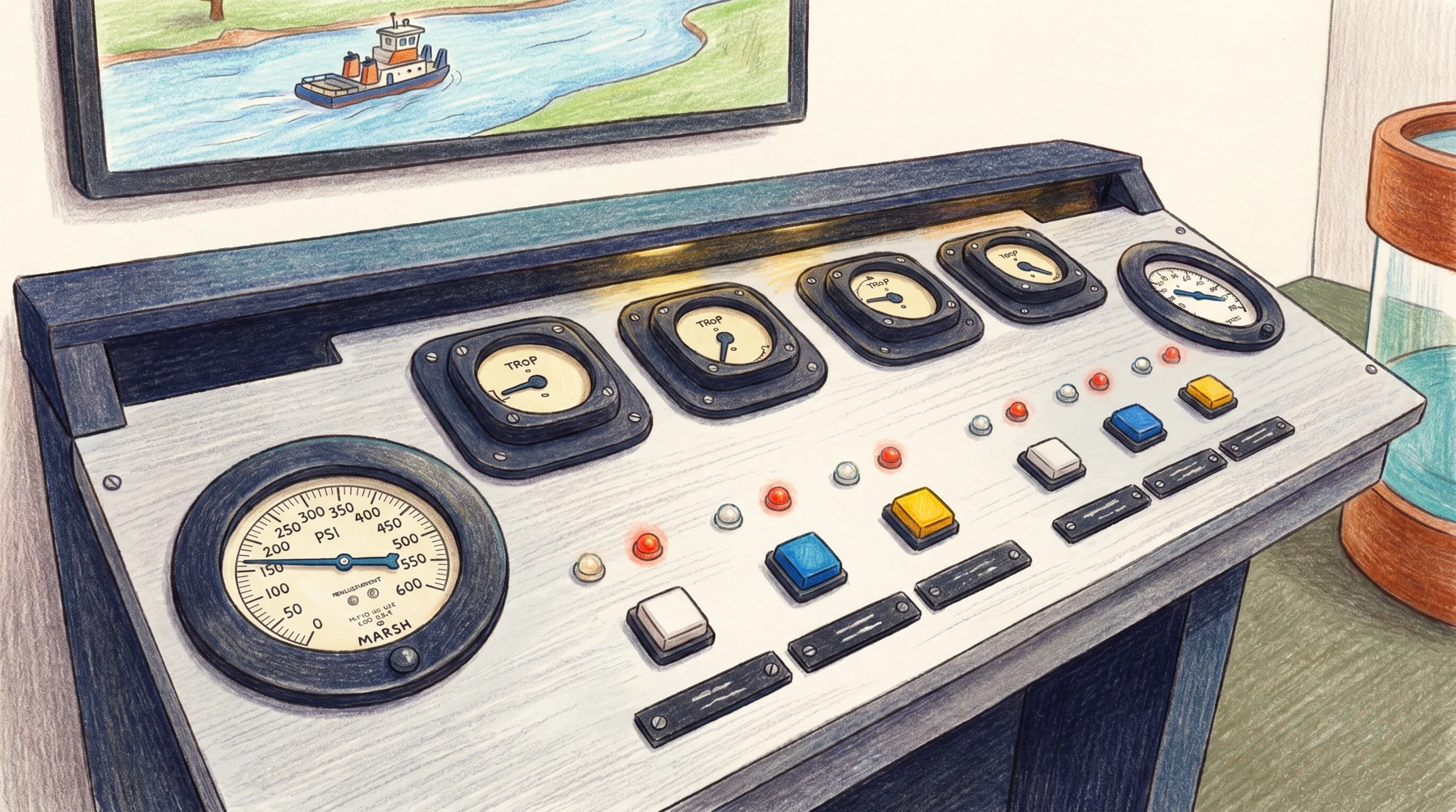 Colored-pencil illustration of the museum lock console with gauges, lights and buttons
